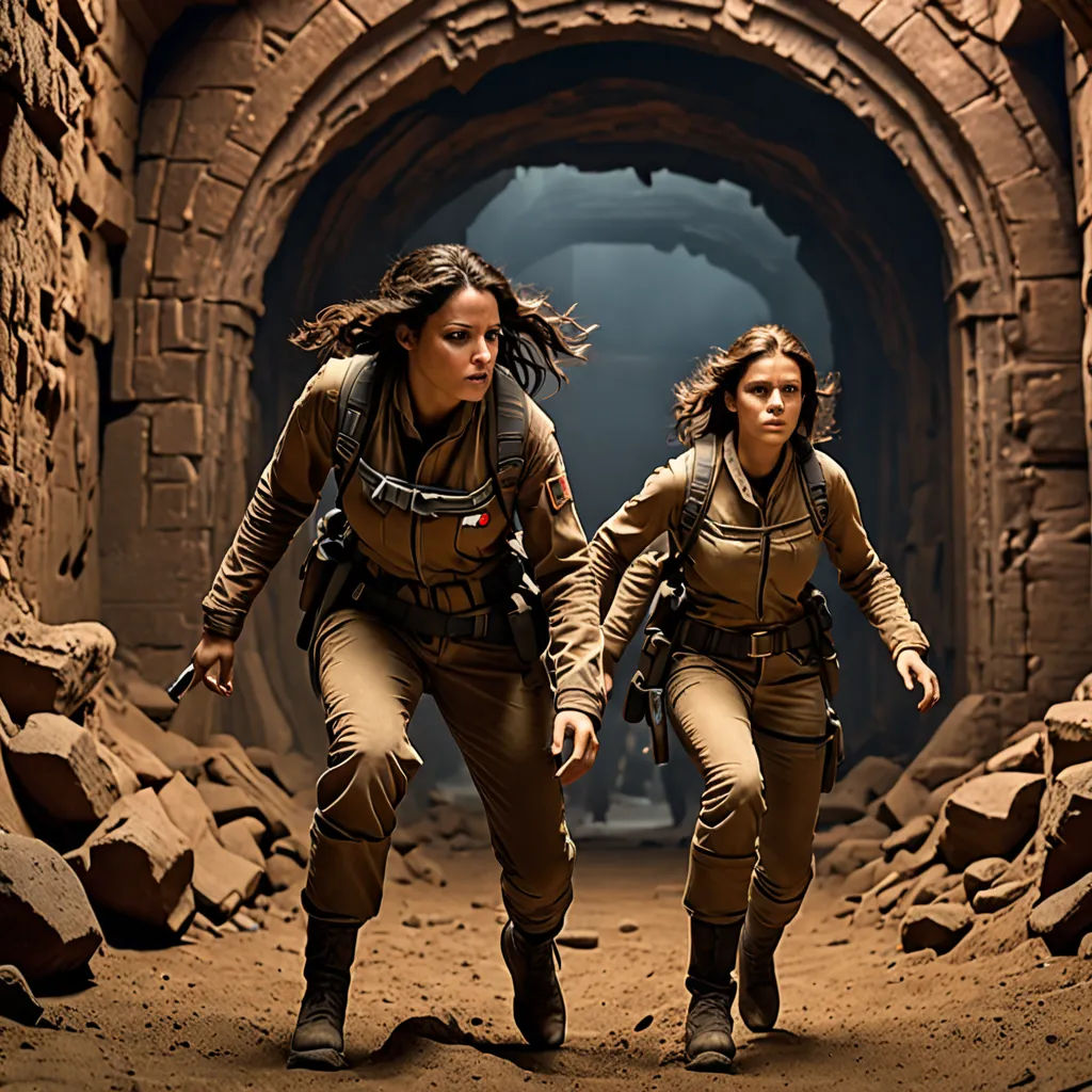 two women in uniforms are walking through a tunnel of rocks and rubbles, with one of them carrying a gun, Edward George Handel Lucas, antipodeans, a detailed matte painting, promotional image
