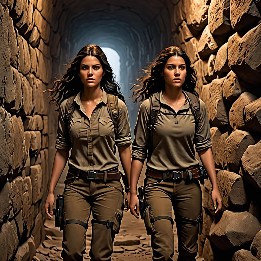 two women in uniforms walking through a tunnel of rocks and rocks with a light at the end of the tunnel, Annie Leibovitz, antipodeans, concept art, promotional image