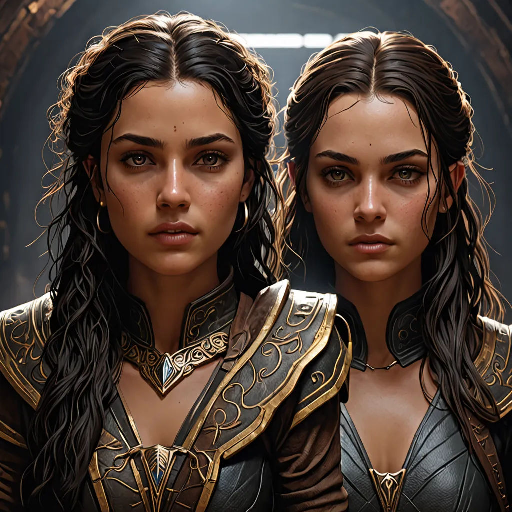 two women in armor standing next to each other in front of a doorway with a light shining on them, Clint Cearley, fantasy art, a detailed painting, trending on artstation hq