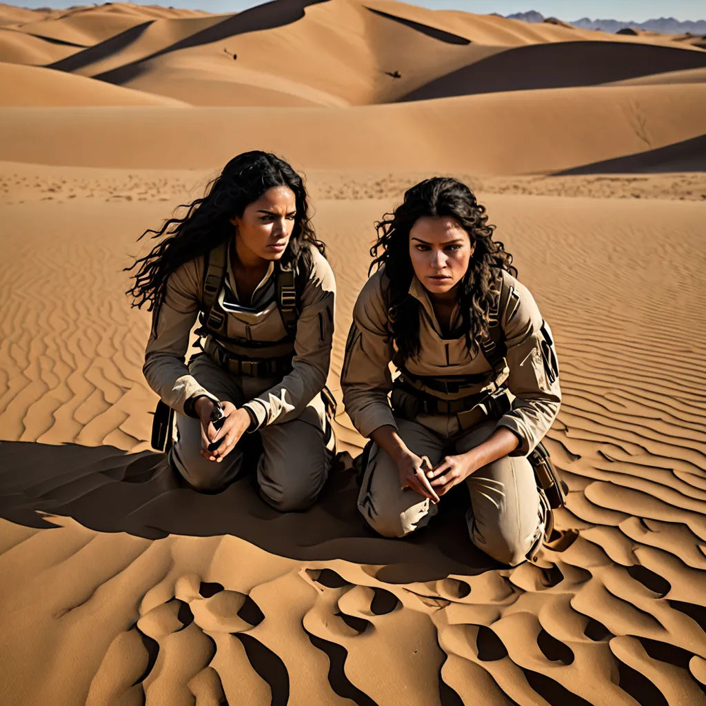 two women kneeling down in the desert sand dunes, with a desert background, and a sky background, with a few clouds, Felix-Kelly, serial art, a poster, promotional image