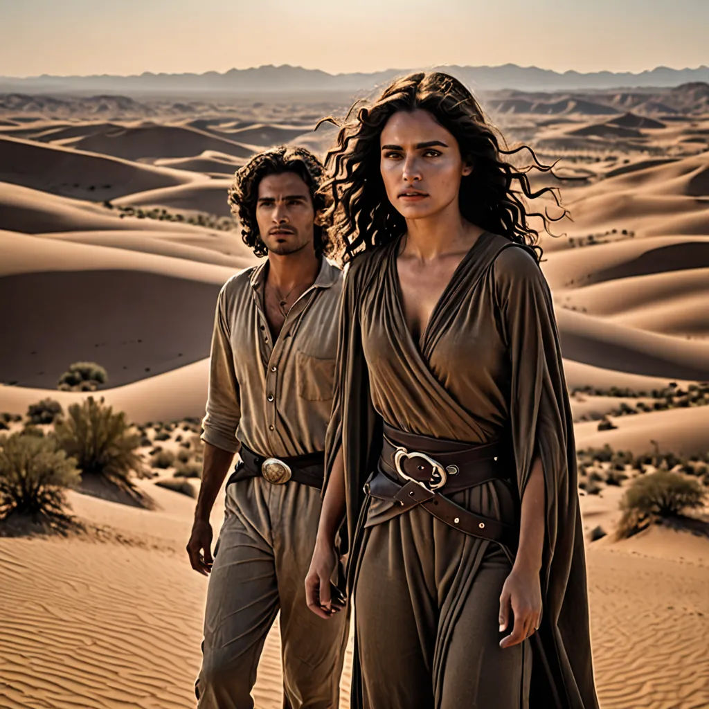 a man and a woman in desert attire standing in the sand dunes of a desert area with a desert landscape in the background, Edward George Handel Lucas, neo-romanticism, poster art, promotional image