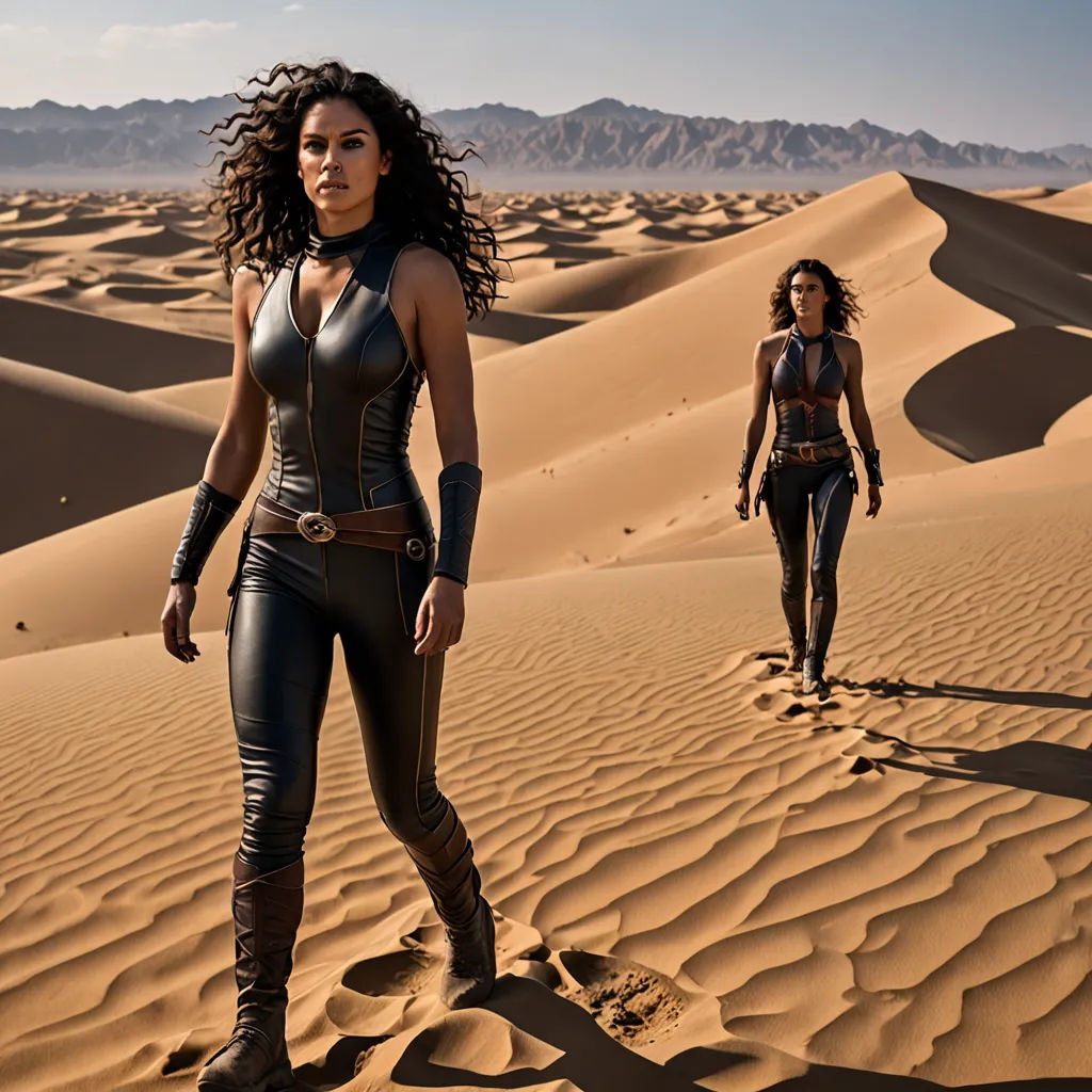 two women in black outfits walking in the desert sand dunes, with mountains in the background, and a desert landscape, Altichiero, afrofuturism, a poster, promotional image