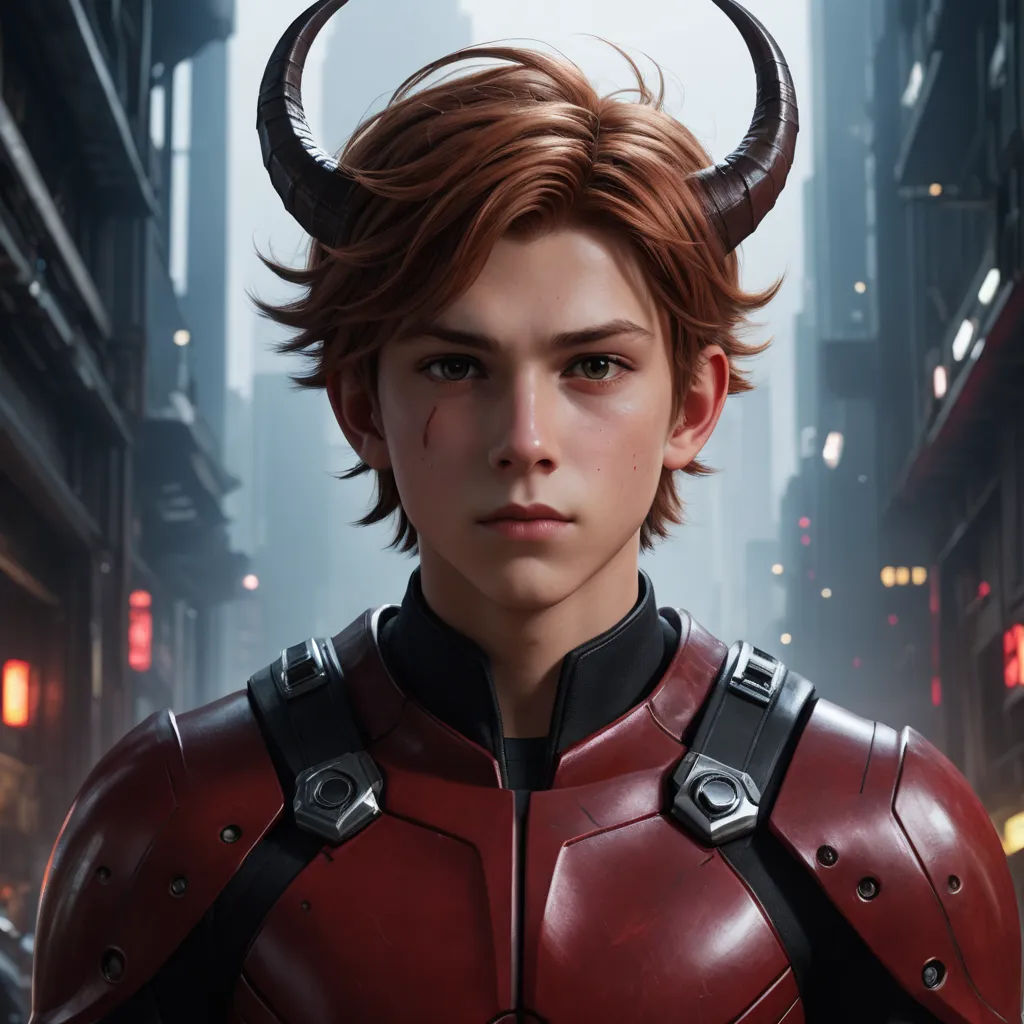 a young man in a red suit with horns on his head and a city street in the background with buildings, sots art, concept art, Cedric Seaut (Keos Masons), official art