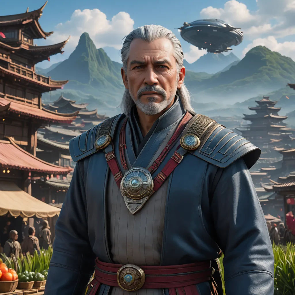 a man in a suit of armor standing in front of a mountain range with a sky background and a pagoda, photorealism, computer graphics, Dai Jin, unreal engine highly rendered