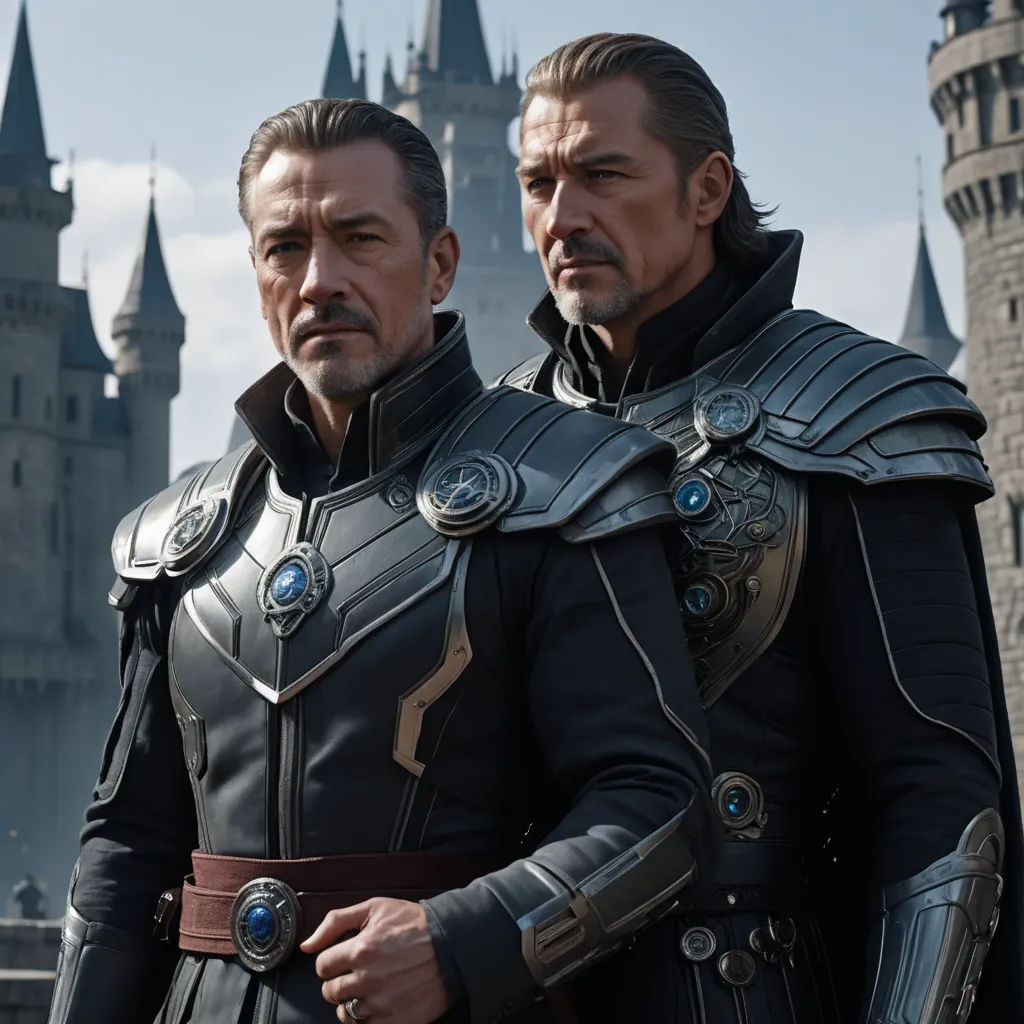 two men in armor standing in front of a castle with turrets on it's sides and a castle in the background, antipodeans, a photocopy, Cedric Peyravernay, unreal engine highly rendered