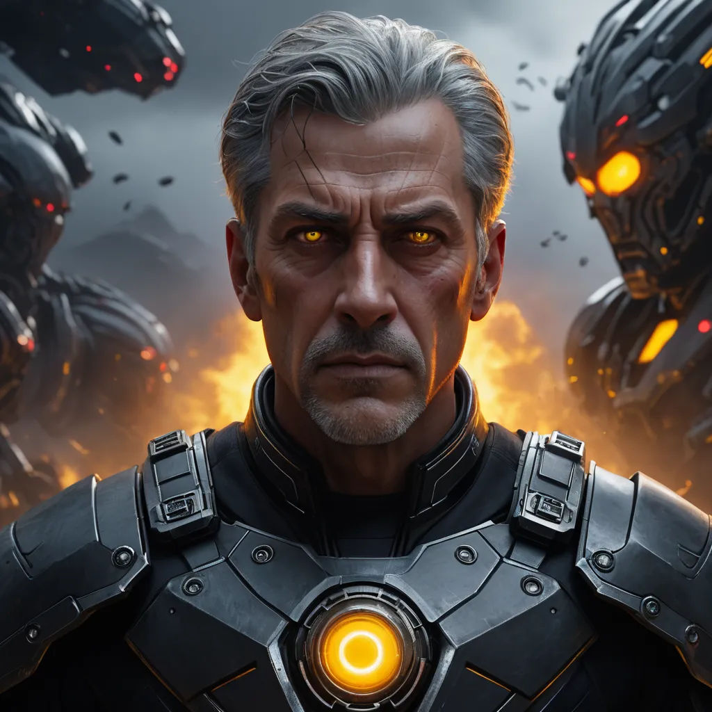 a man in a suit with yellow eyes and a halo around his neck, surrounded by other men in sci - fi outfits, sots art, a character portrait, Cedric Peyravernay, unreal engine 5 highly rendered