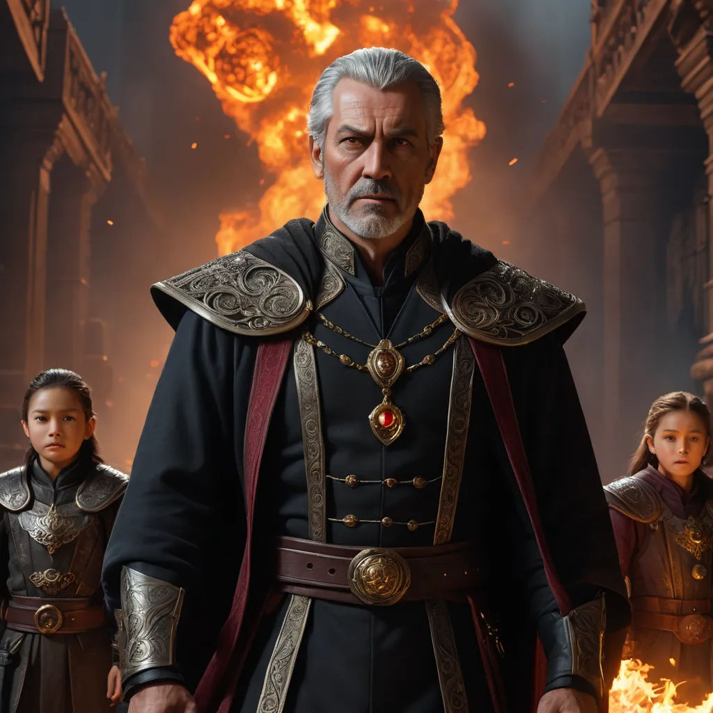 a man in a black suit with a sword and two girls in front of him in a fire scene, fantasy art, a detailed matte painting, Cedric Seaut (Keos Masons), unreal engine highly rendered