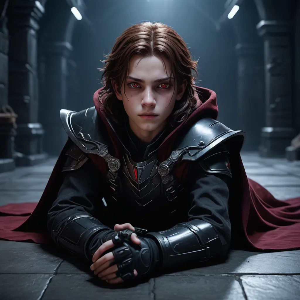 a man in a red cape is sitting on the floor with his hands on his knees and his eyes closed, gothic art, a character portrait, Cedric Seaut (Keos Masons), vfx
