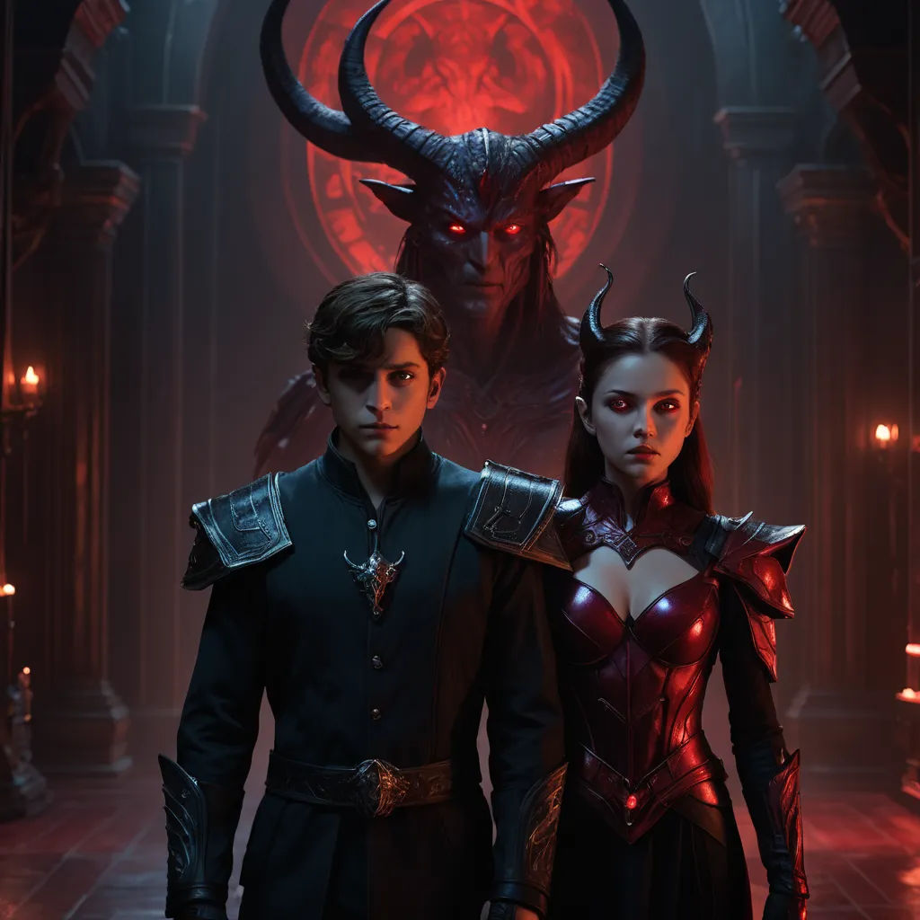 a man and a woman standing next to each other in a room with a demon on the wall behind them, international gothic, a poster, Cedric Seaut (Keos Masons), movie still