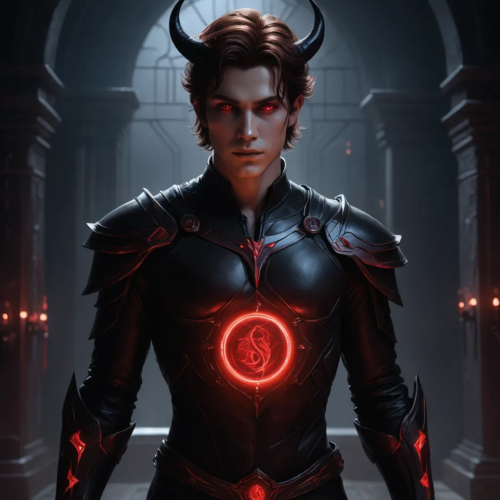 a man in a black outfit with horns and a red light in his chest and chest, standing in a dark room, fantasy art, a character portrait, Cedric Seaut (Keos Masons), unreal engine 5 quality render