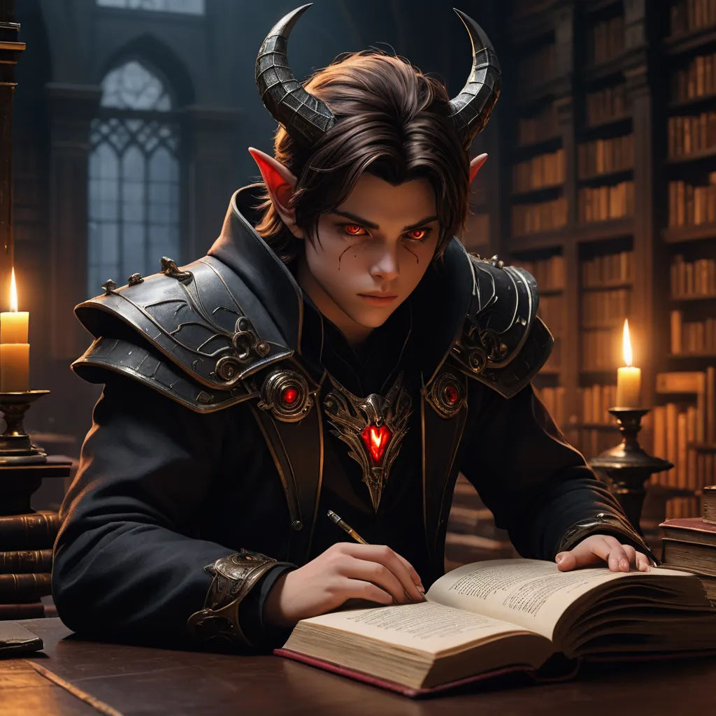 a man in a horned costume is reading a book in a library with candles in the background and a demon head on his head, fantasy art, a character portrait, Cedric Seaut (Keos Masons), unreal engine 5 quality render