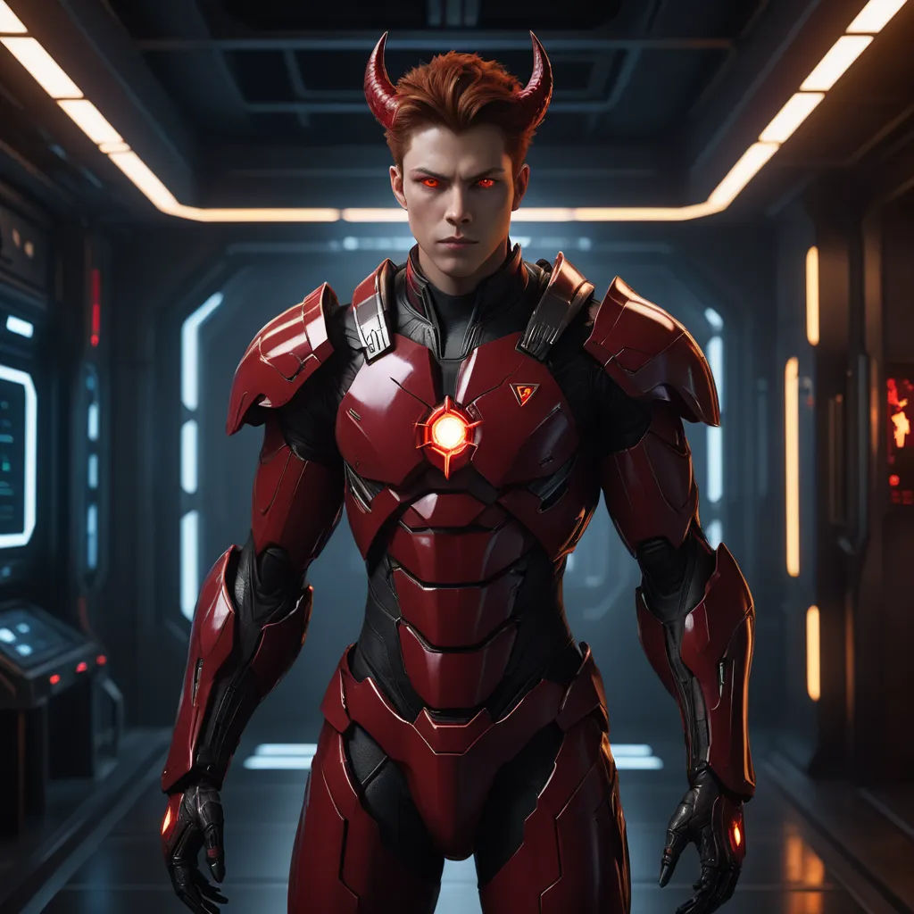 a man in a red suit with horns and horns on his head standing in a hallway with a red light, rayonism, a character portrait, Eve Ryder, unreal 5 render
