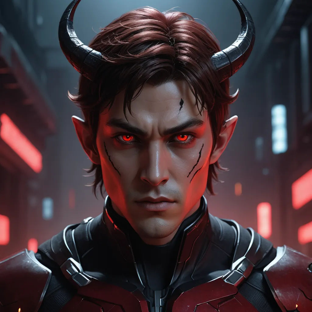 a man with horns and red eyes in a futuristic setting with red lights and a red light behind him, fantasy art, a character portrait, Cedric Seaut (Keos Masons), unreal engine 5 quality render