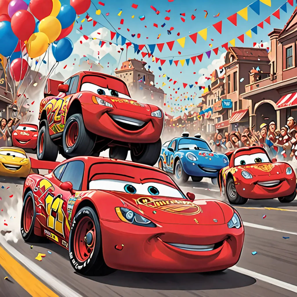 a cartoon of cars driving down a street with balloons and streamers in the air and people watching from the sidelines, excessivism, a digital rendering, disney, pixar and disney animation
