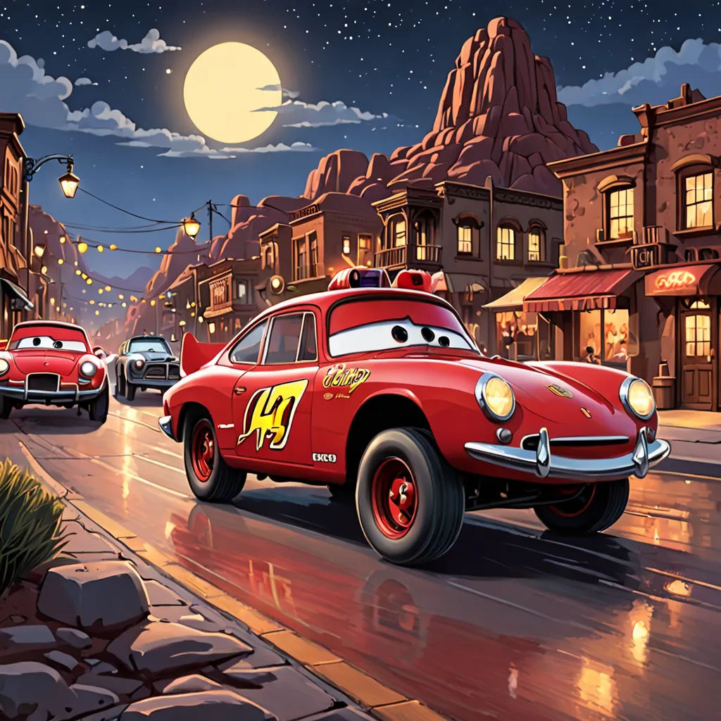 a cartoon car driving down a street at night with a full moon in the background and a town with cars, sots art, an ultrafine detailed painting, Cliff Childs, pixar and disney animation
