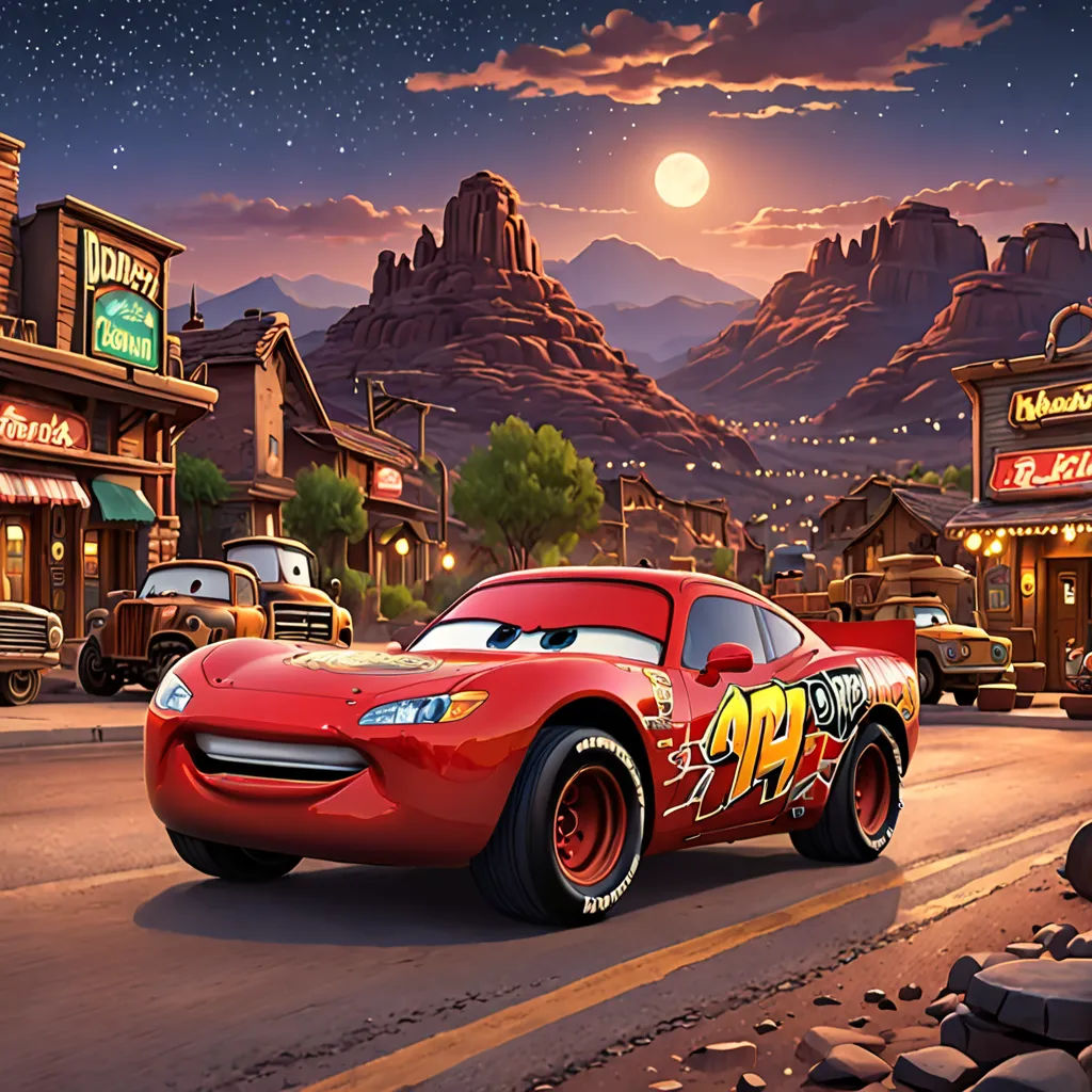 a cartoon character is driving a red car in a town at night with mountains in the background and a full moon, sots art, a detailed matte painting, disney, pixar and disney animation
