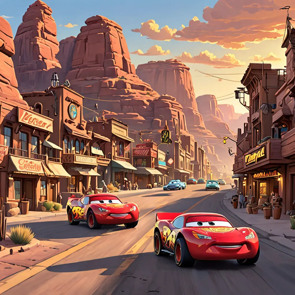 a cartoon of cars driving down a street in front of a mountain range with a sky background and a town, american scene painting, concept art, disney, pixar and disney animation