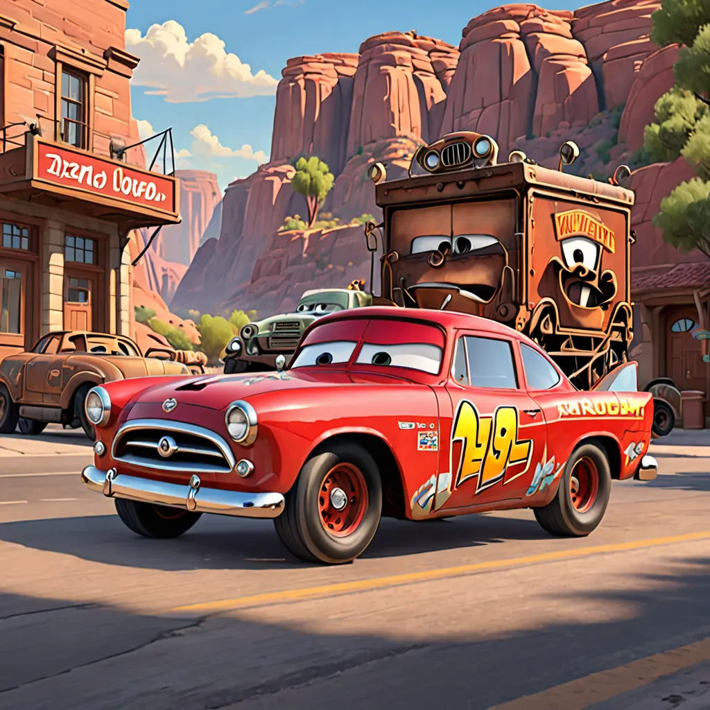 a cartoon character is driving a red car in front of a building and a mountain range in the background, photorealism, a detailed matte painting, Edward Otho Cresap Ord, II, pixar and disney animation