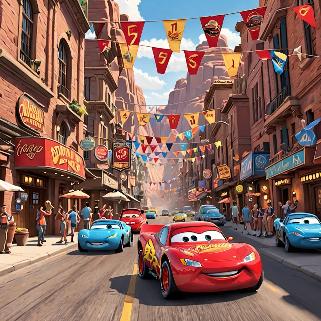 cars driving down a street with people walking on the sidewalk and cars on the street with flags strung above them, excessivism, a detailed matte painting, disney, pixar and disney animation