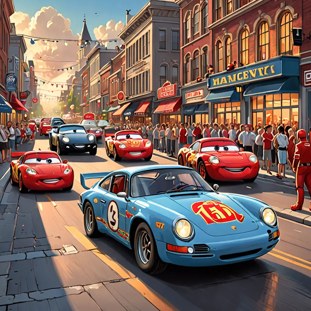 a painting of cars driving down a street with people watching them from the sidelines of the street and a line of cars on the street, photorealism, an ultrafine detailed painting, Eddie Mendoza, pixar and disney animation
