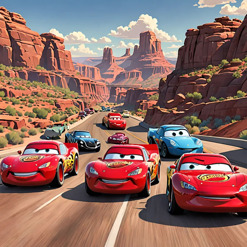 a group of cars driving down a road next to mountains and rocks in the background with a sky background, incoherents, concept art, disney, pixar and disney animation