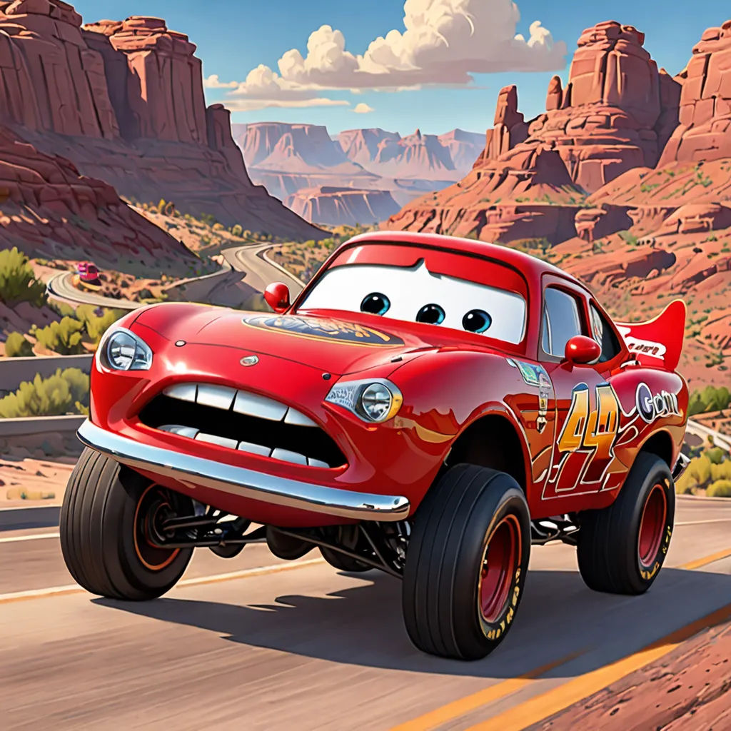 a cartoon character is driving a red car in the desert with mountains in the background and clouds in the sky, sots art, concept art, Cornelisz Hendriksz Vroom, pixar style
