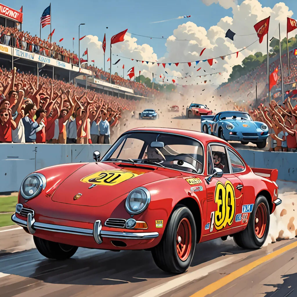 a painting of a race car with a number on it driving down a track with a crowd of people watching, photorealism, an ultrafine detailed painting, Cliff Childs, highly detailed digital painting
