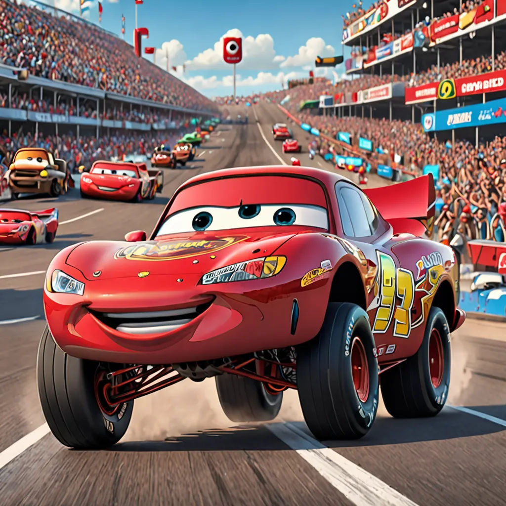 a cartoon character is driving a car in a race track with a crowd of people watching from the stands, sots art, a stock photo, Eddie Mendoza, pixar and disney animation