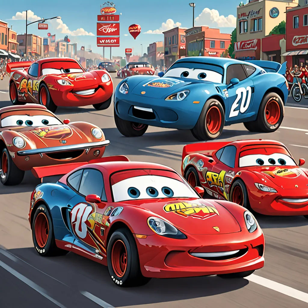 a group of cars driving down a street next to each other in front of a crowd of people in cars, sots art, concept art, Altoon Sultan, pixar and disney animation