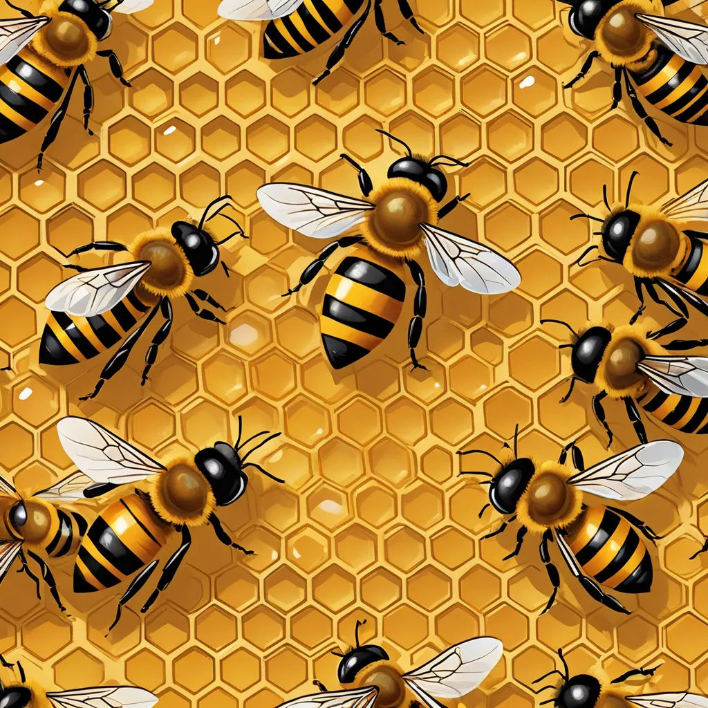 a bunch of bees on a honeycomb with honeycombs in the background and a honeycomb with bees, generative art, an illustration of, Arie Smit, detailed illustration