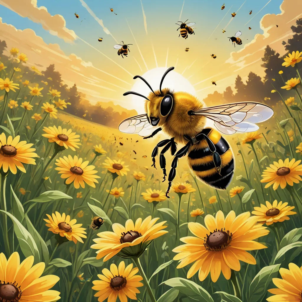 a painting of a bee flying over a field of sunflowers with bees in the background and a sunset, pop surrealism, a storybook illustration, Anne Stokes, highly detailed digital painting