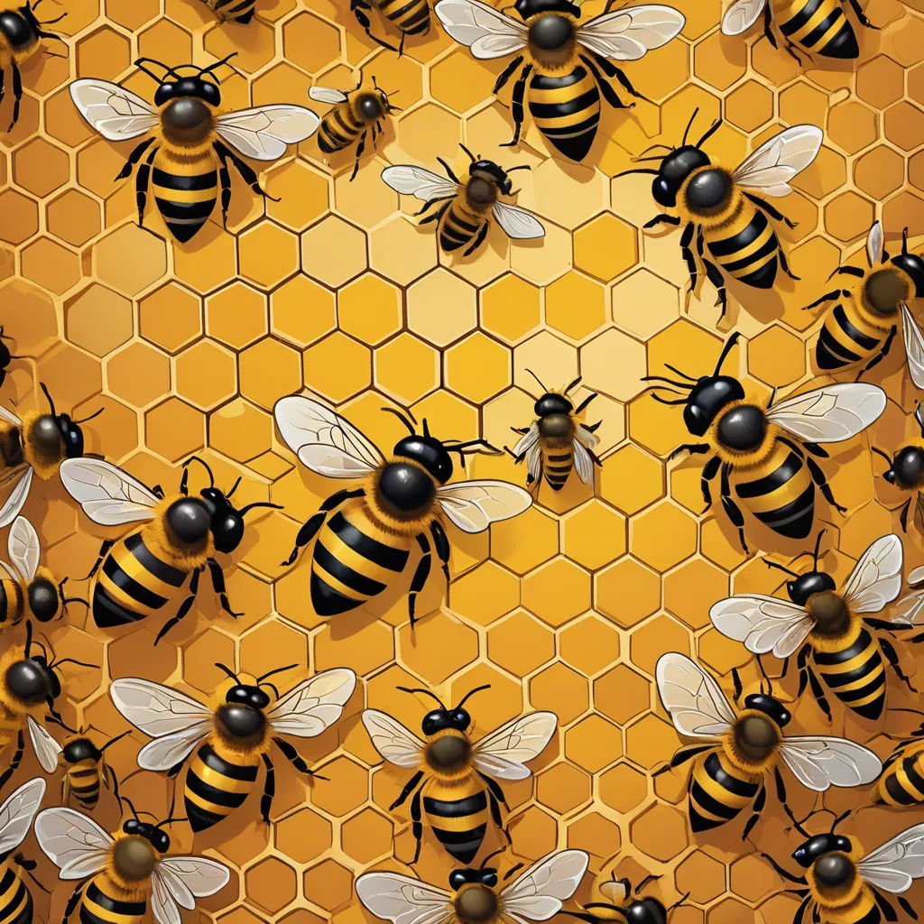 a bunch of bees are on a honeycomb with honey combs in the background and a honeycomb with bees, incoherents, a mosaic, Arie Smit, behance hd