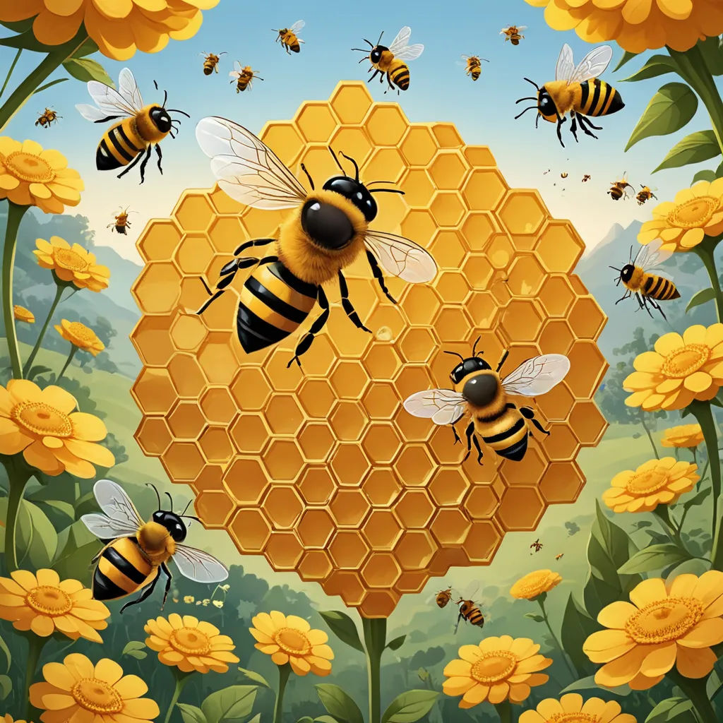a bunch of bees flying around a honeycomb with yellow flowers around it and a blue sky in the background, ecological art, a storybook illustration, Chris LaBrooy, highly detailed digital painting