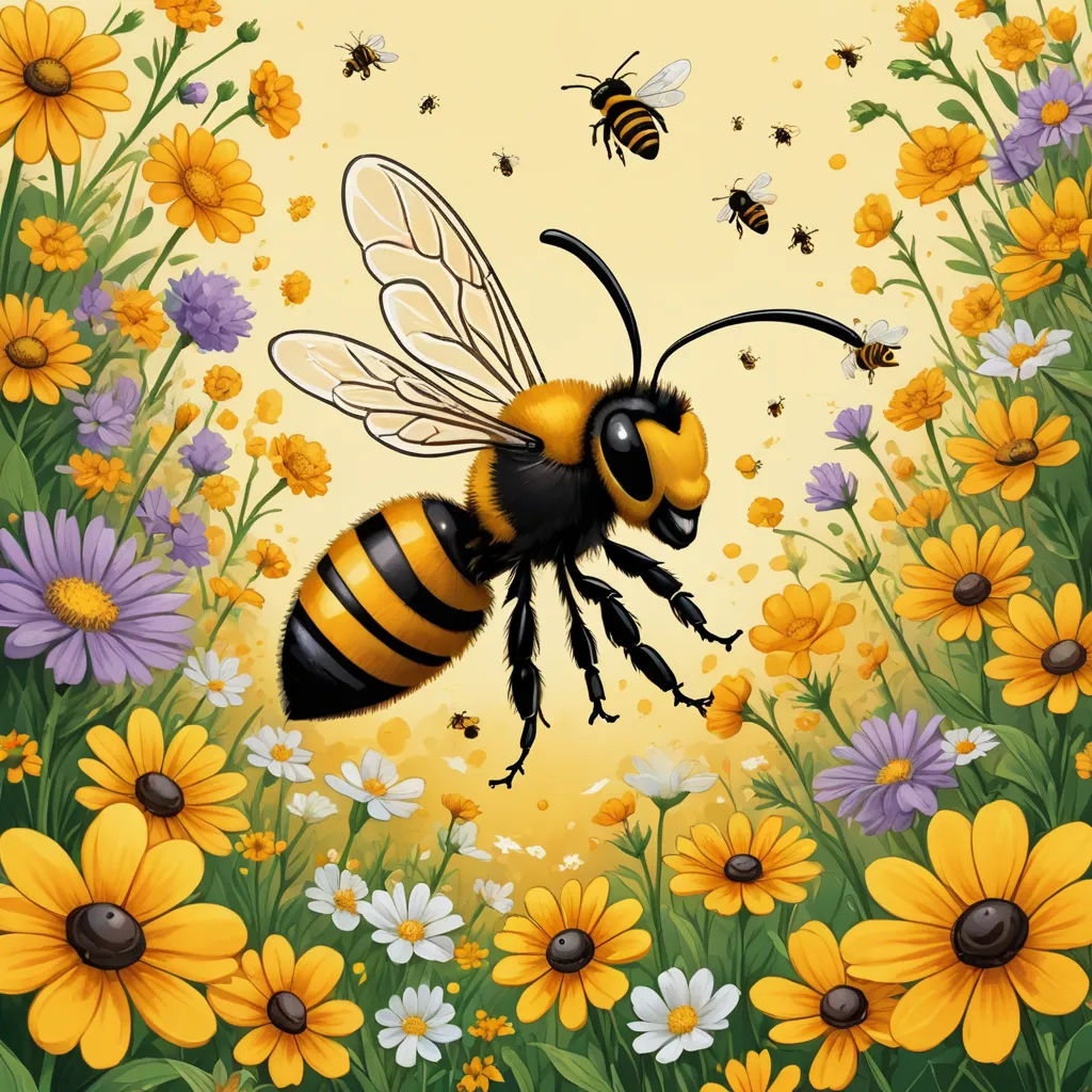 a bee flying over a field of flowers and daisies with bees flying around it on a yellow background, ecological art, an illustration of, Chris LaBrooy, highly detailed digital painting