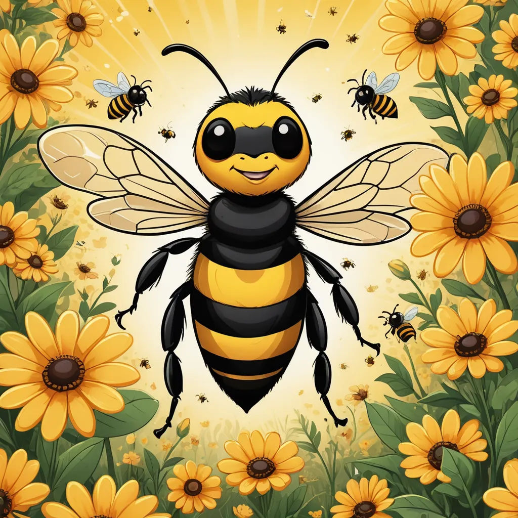 a bee with a smile on its face surrounded by sunflowers and bees on a yellow background with a sunburst, ecological art, an illustration of, Bourgeois, yellow