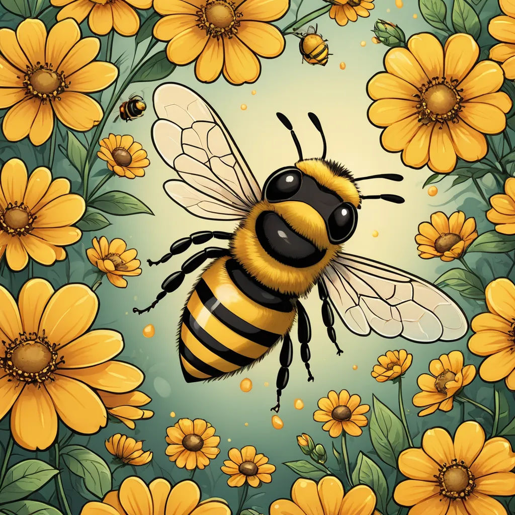 a bee is surrounded by yellow flowers and daisies on a blue background with a yellow border with a bee, furry art, a digital painting, Chris LaBrooy, highly detailed digital painting
