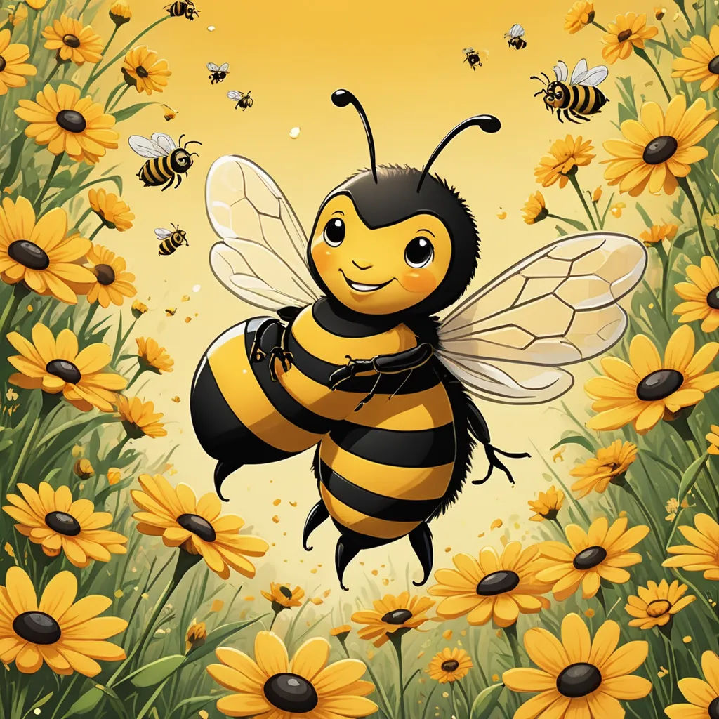 a bee flying over a field of sunflowers with bees flying around it's wings and smiling, furry art, a storybook illustration, Adam Bruce Thomson, behance hd