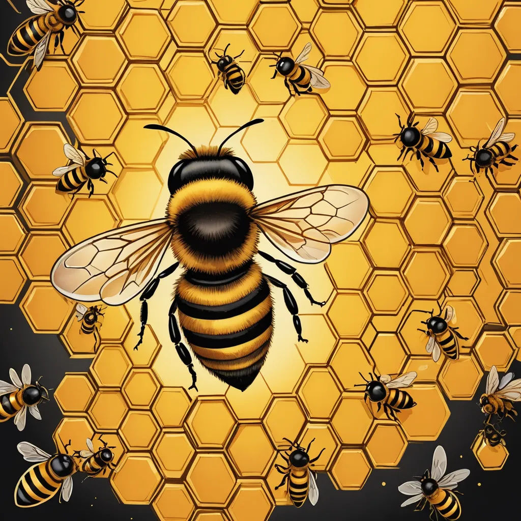 a bee on a honeycomb with a background of honeycombs and bees illustration by john wyee, neoplasticism, computer graphics, Bourgeois, highly detailed digital art