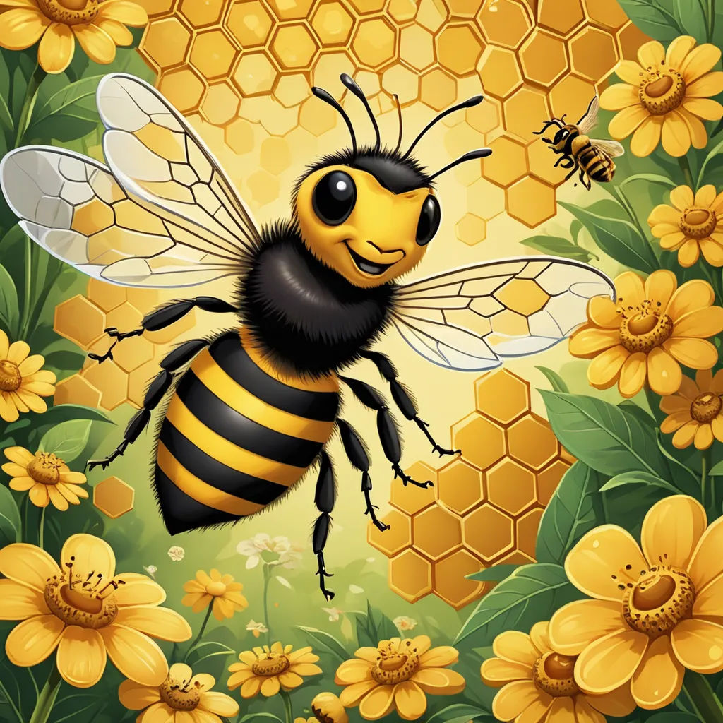 a bee is flying over a bunch of flowers and bees are flying around it, with a honeycomb in the background, ecological art, an illustration of, A.D.M. Cooper, highly detailed digital painting