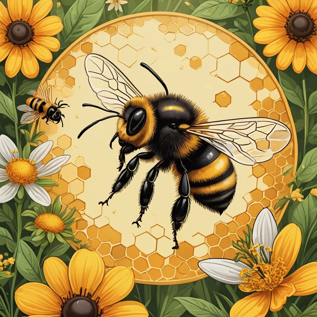 a bee is sitting on a honeycomb surrounded by flowers and bees on a yellow background with a honeycomb, environmental art, an illustration of, Dan Mumford, high detail illustration