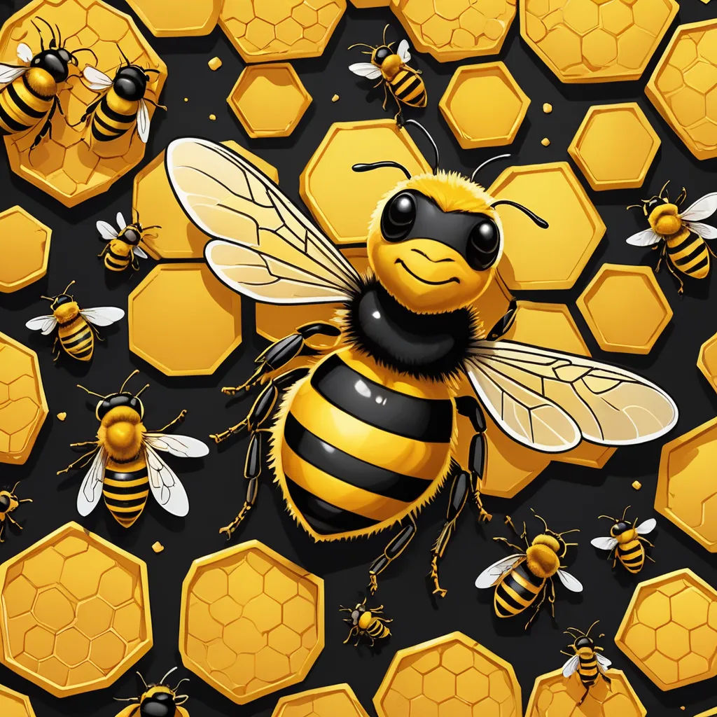 a bunch of bees that are on a table together with honeycombs in the background and a bee on the ground, generative art, vector art, Beeple, high detail illustration