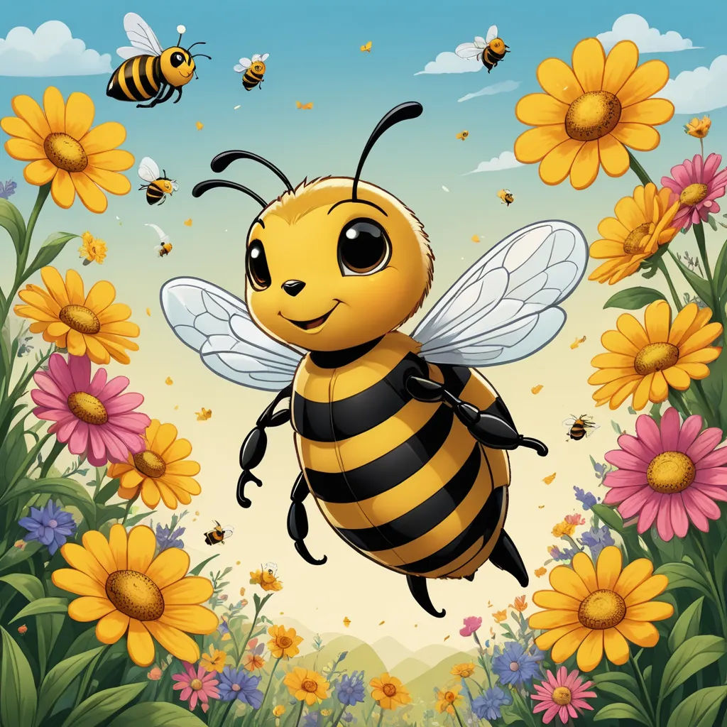 a bee flying over a field of flowers and bees flying around it's perimeter with a sky background, pop surrealism, a storybook illustration, Annabel Kidston, highly detailed digital painting
