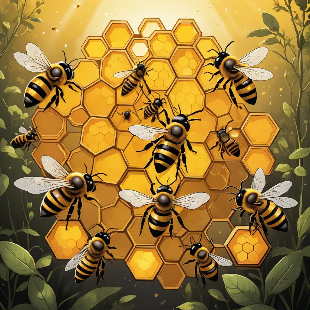 a bunch of bees are in a honeycomb with honey combs on it and some leaves around them, environmental art, an album cover, Dan Mumford, highly detailed digital painting