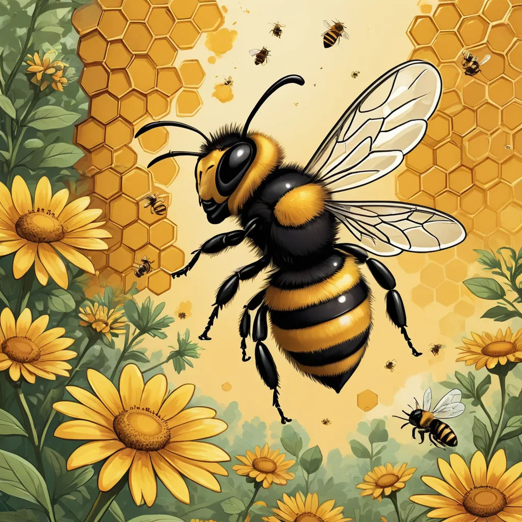 a bee flying over a bunch of yellow flowers and bees on it's back legs and wings,, environmental art, an illustration of, Dan Mumford, detailed illustration