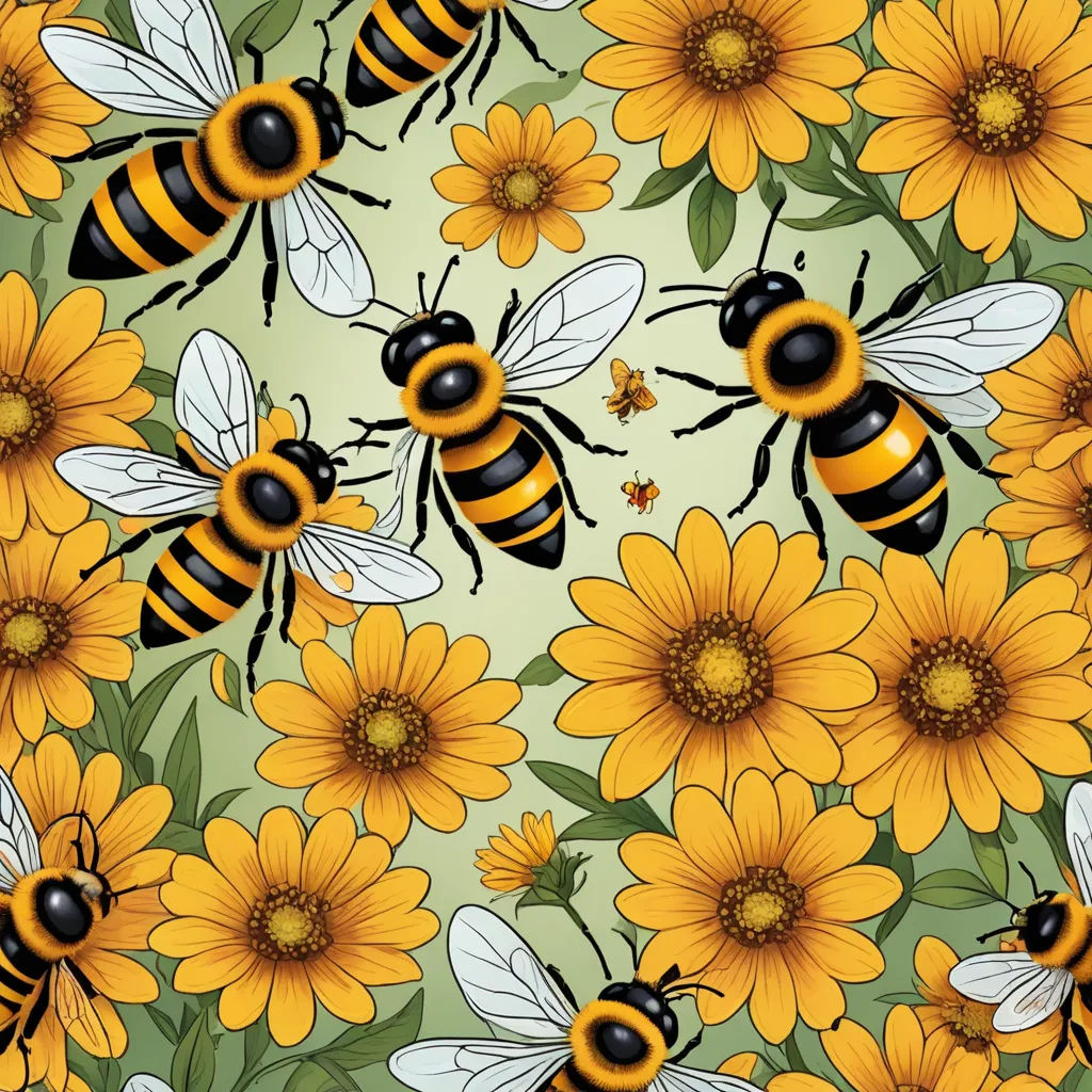 a bunch of bees are flying around some flowers and daisies on a green background with yellow flowers and green leaves, generative art, an illustration of, Annabel Kidston, detailed illustration