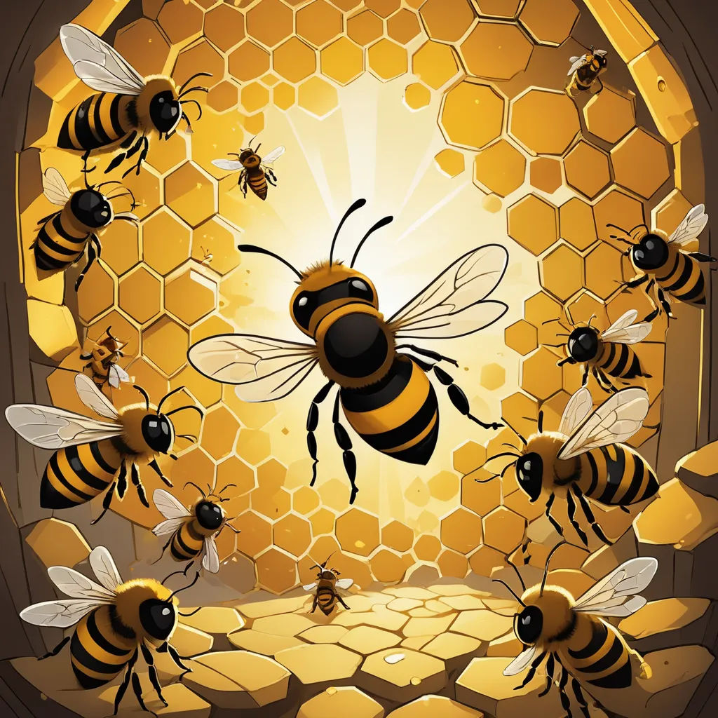a bunch of bees flying around a honeycomb with a light shining through it and a bee on the side, environmental art, a detailed drawing, Cyril Rolando, 2 d game art