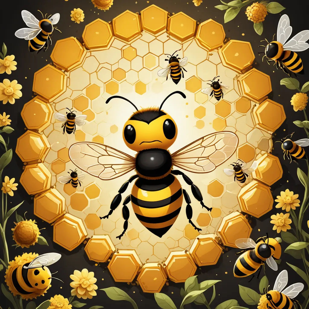 a bee with honeycombs and flowers around it on a black background with a yellow frame and a black background with a honeycomb, generative art, a digital painting, Chris LaBrooy, game art