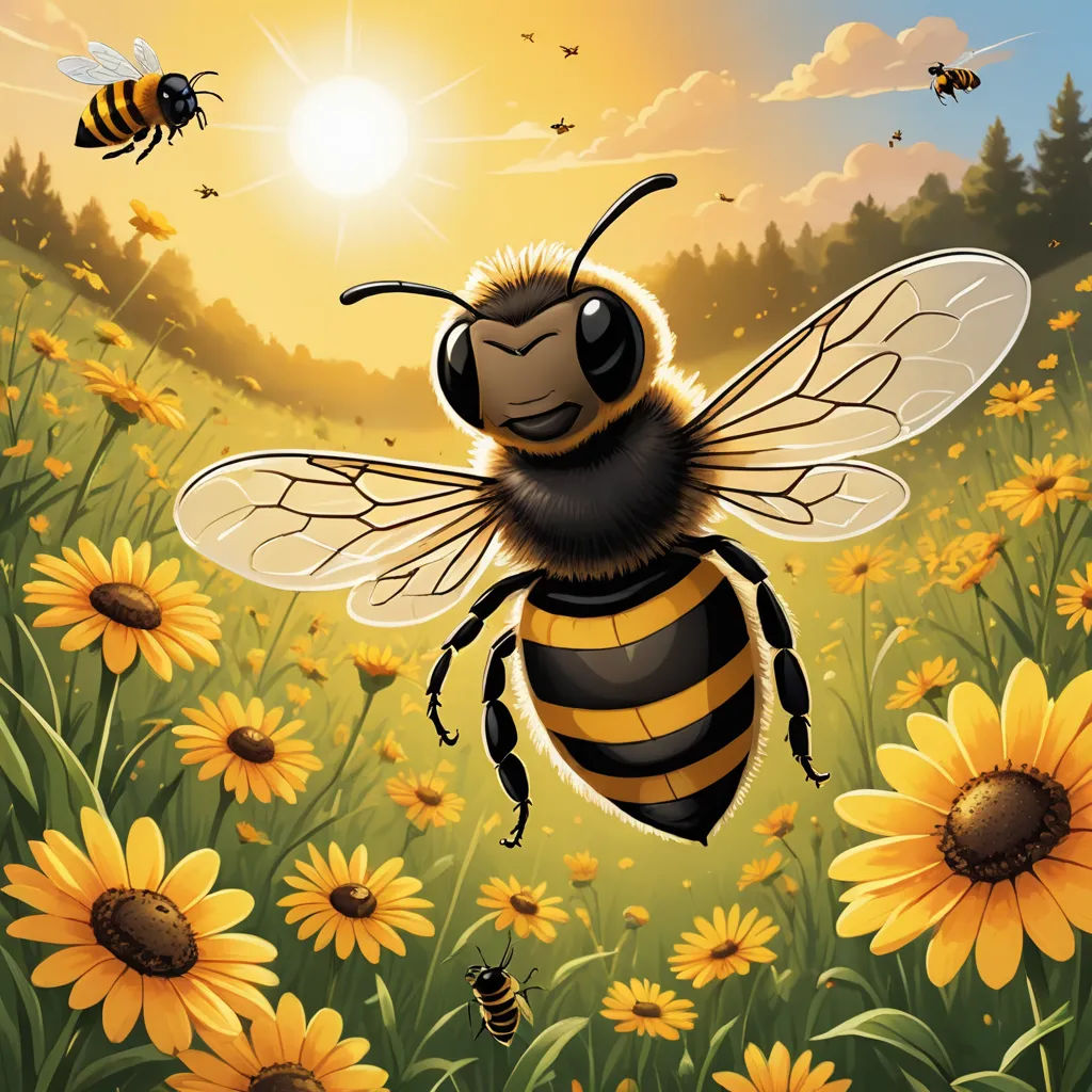 a bee flying over a field of sunflowers with a bee flying over it's head in the background, environmental art, a storybook illustration, Beeple, professional digital painting