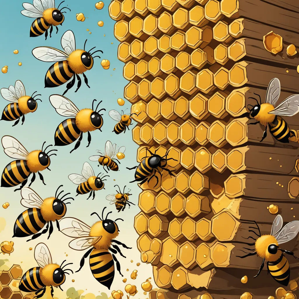 a bunch of bees flying around a beehive with honey combs on it and a beehive with honey, incoherents, a storybook illustration, Chris LaBrooy, detailed illustration