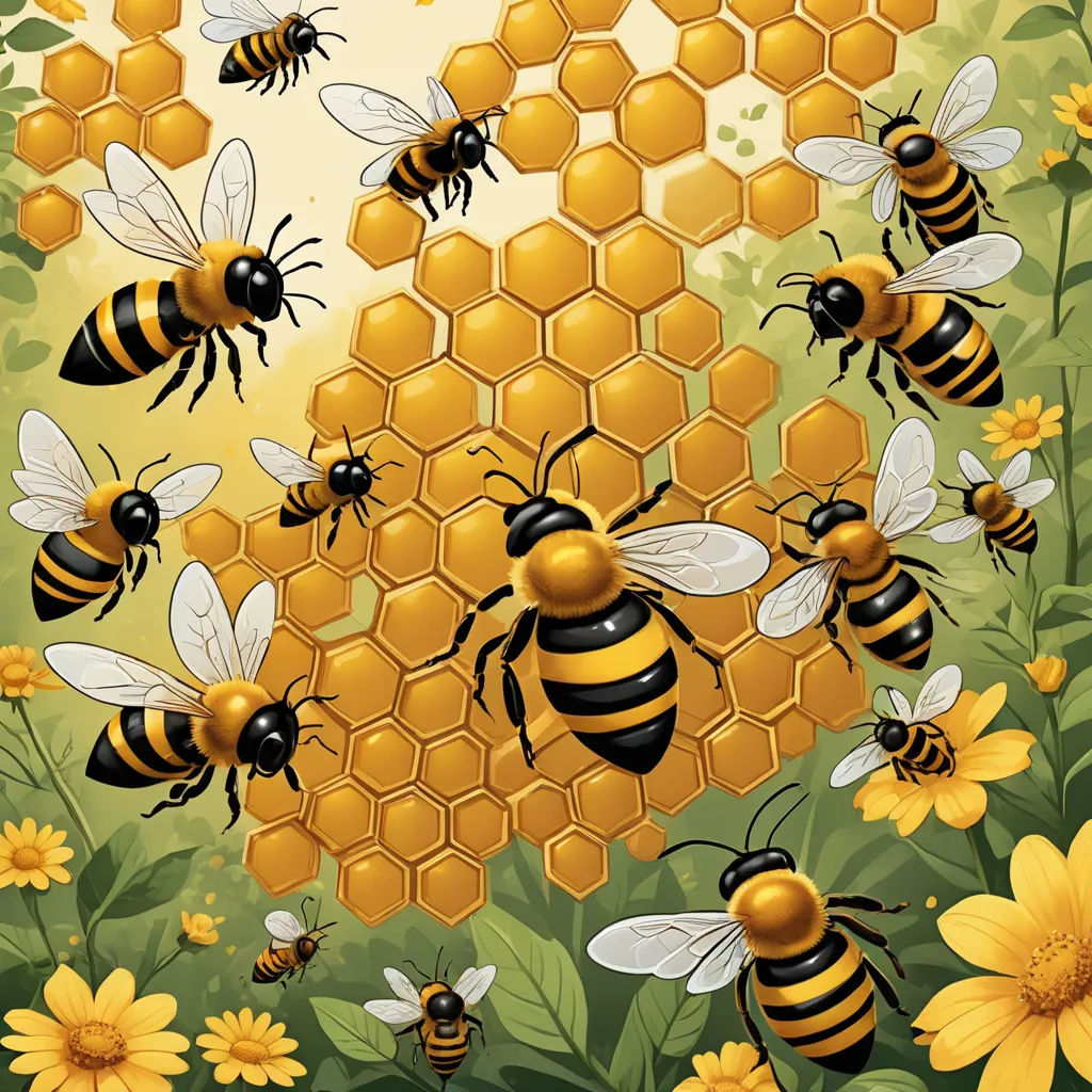 a bunch of bees flying around a honeycomb with flowers and bees around it on a sunny day with yellow flowers, generative art, a storybook illustration, Dan Mumford, detailed illustration